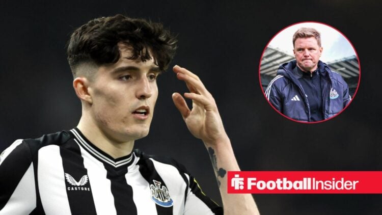 Tino Livramento in a Newcastle home shirt alongside an image of Eddie Howe in a circular frame