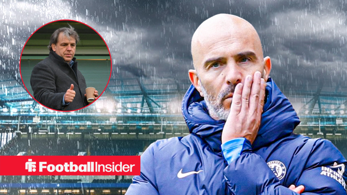 Chelsea owner Todd Boehly in a circular frame next to boss Enzo Maresca looking worried