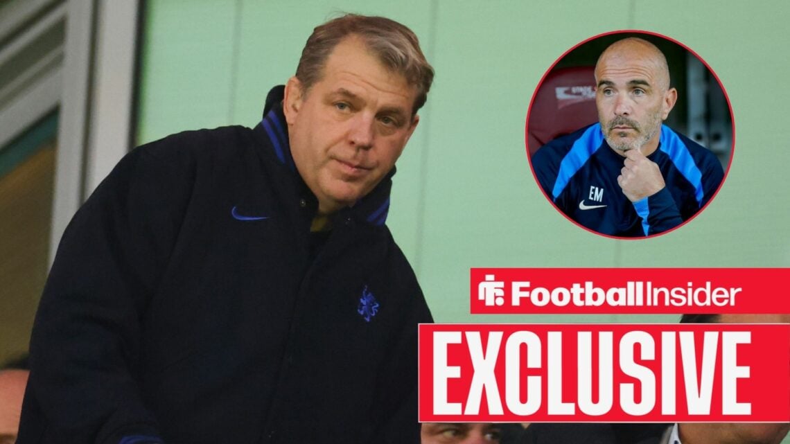 Todd Boehly looking disappointed with Enzo Maresca included in a circular inset