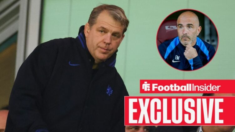 Todd Boehly looking disappointed with Enzo Maresca included in a circular inset