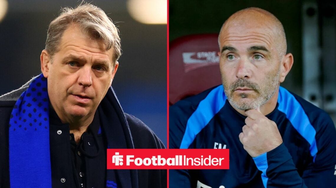 Todd Boehly looking upset alongside Enzo Maresca with his hand on his chin