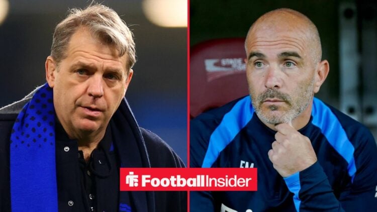 Todd Boehly looking upset alongside Enzo Maresca with his hand on his chin