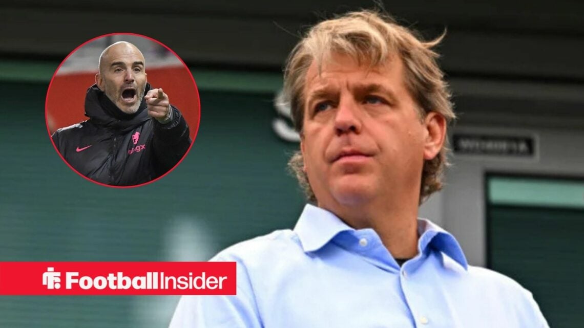 Todd Boehly in a blue shirt with Enzo Maresca included in a circular inset