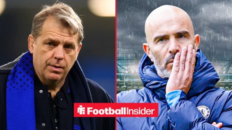 Todd Boehly looking sad alongside Enzo Maresca looking concerned