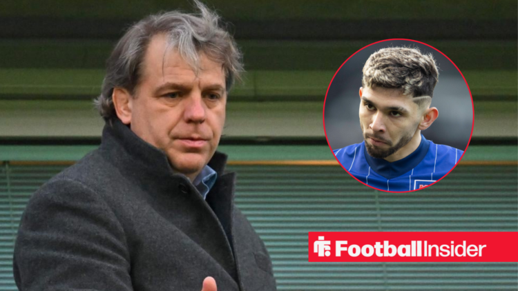 Chelsea owner Todd Boehly at Stamford Bridge looking down on stands with Julio Enciso playing for Ipswich looking at him right inset