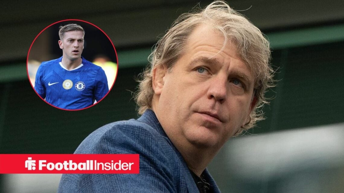 Todd Boehly looking concerned with Liam Delap included in a circular inset