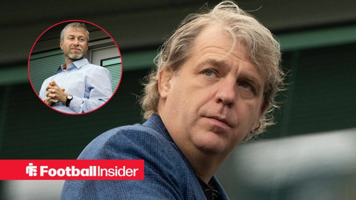 Todd Boehly looking sad with Roman Abramovich included in a circular inset