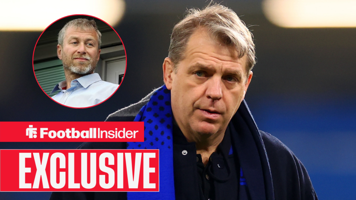 Todd Boehly looking sad with Roman Abramovich included in a circular inset