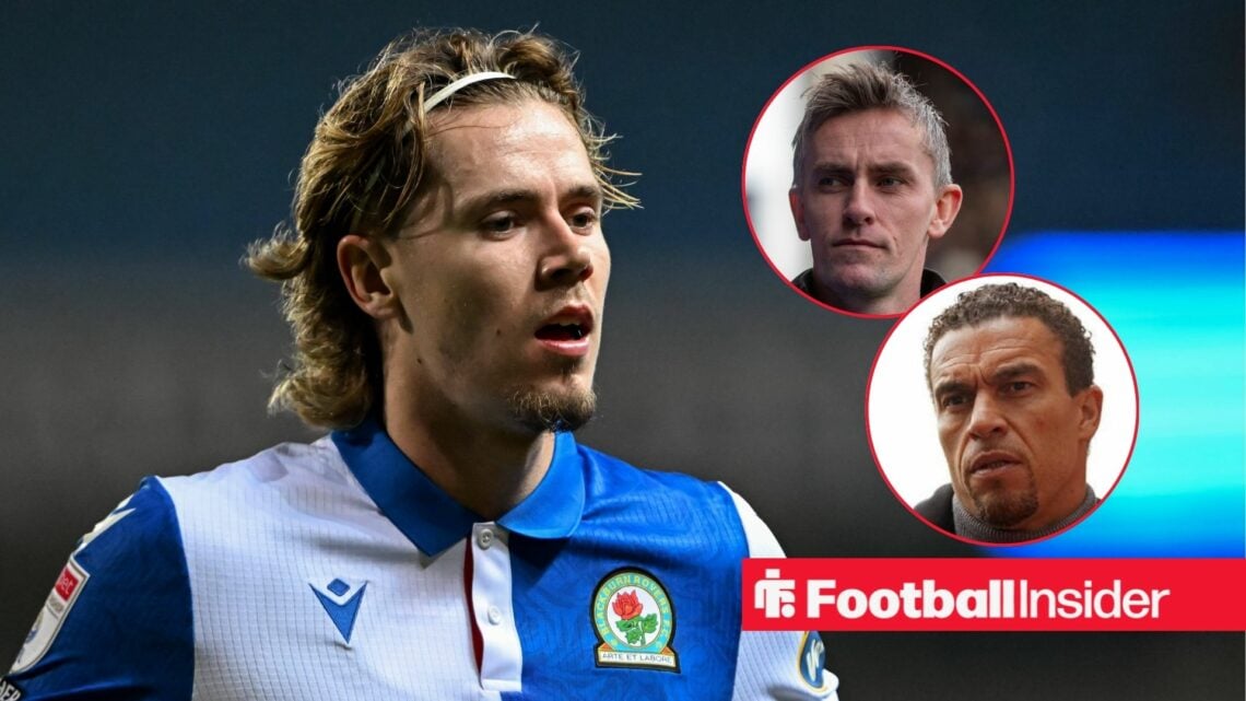 A focused Todd Cantwell on the left for Blackburn with Kieran McKenna and Valerien Ismael on the right both serious