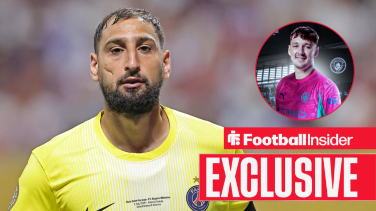 Gianluigi Donnarumma in a PSG kit, James Trafford in a circular inset