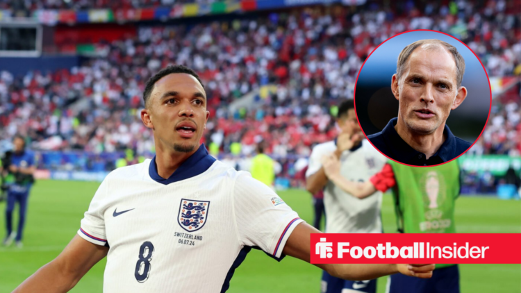Trent Alexander-Arnold in a white England kit and Thomas Tuchel in a black jumper in a red circle