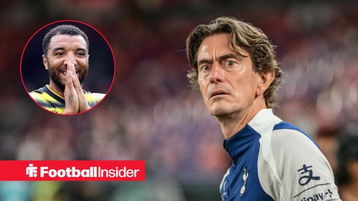 Troy Deeney in a circular frame alongside Tottenham boss Thomas Frank