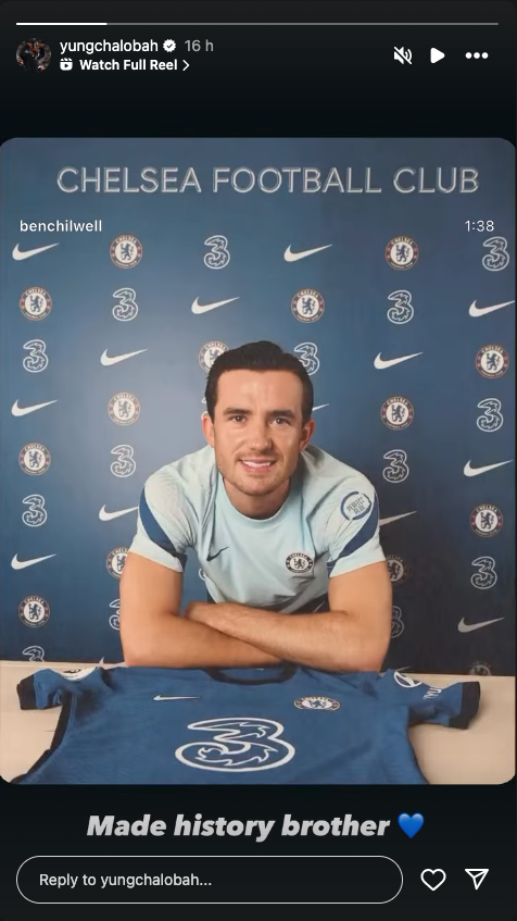 Trevoh Chalobah sending message to Ben Chilwell next to a Chelsea shirt saying "Made history brother
