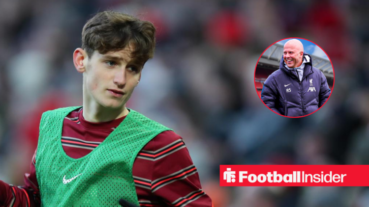 Tyler Morton in Liverpool training gear next to an image of Arne Slot