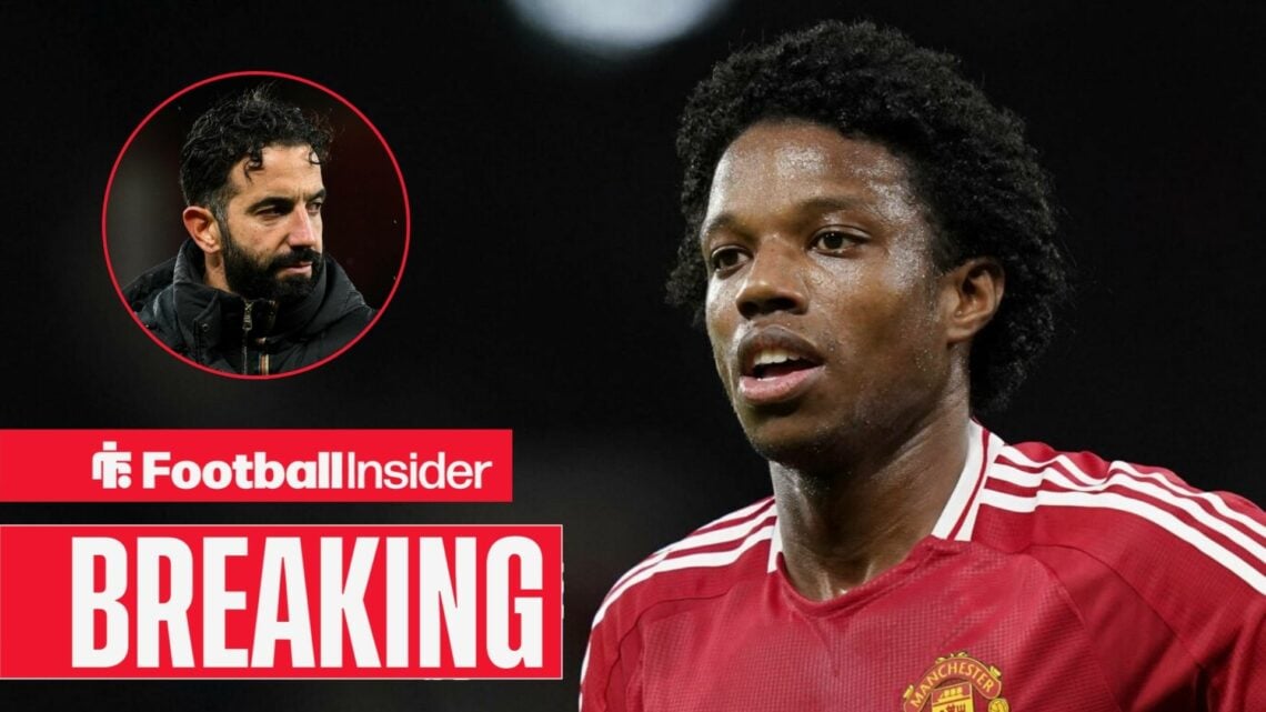 Man United's Tyrell Malacia in action with manager Ruben Amorim looking at him annoyed left inset