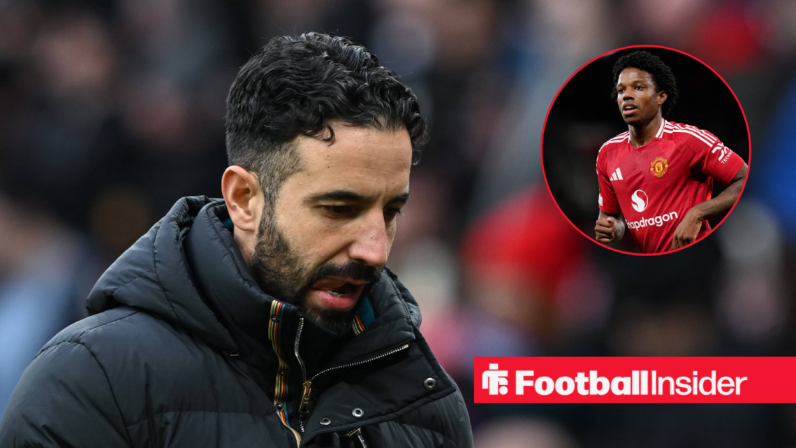 Ruben Amorim in a black coat and Tyrell Malacia in a red Manchester United kit in a red circle