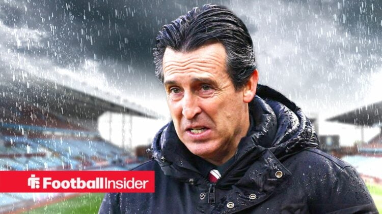 Unai Emery against a rainy and dark Villa Park