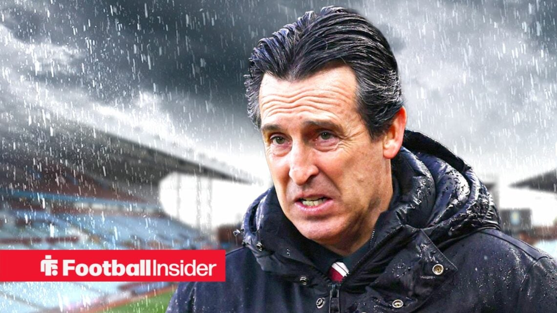 Unai Emery in the rain at Villa Park