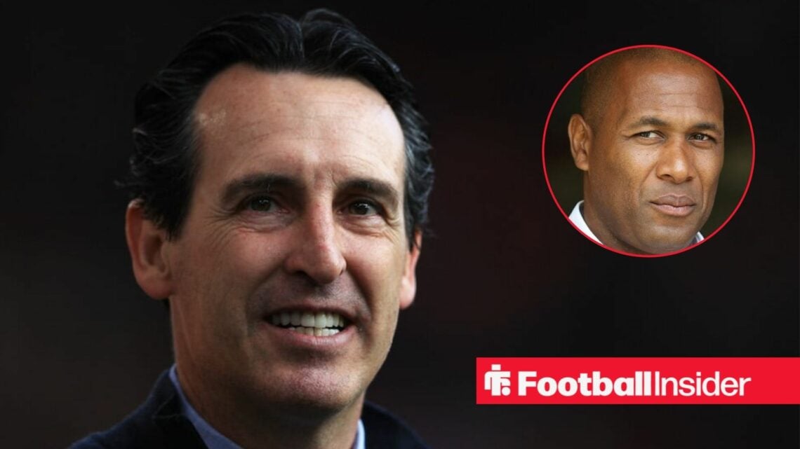 Aston Villa manager Unai Emery alongside a circular inset of Les Ferdinand.