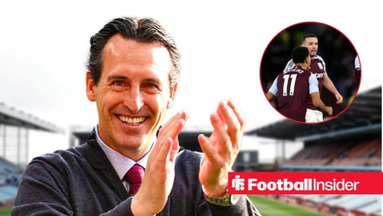 Unai Emery applauding at Villa Park, with Ollie Watkins and John McGinn in a circular inset