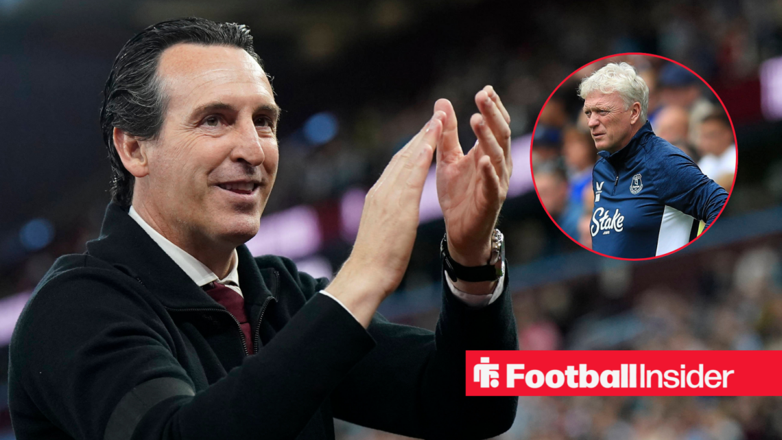 Unai Emery clapping at Villa Park, David Moyes in a circular inset