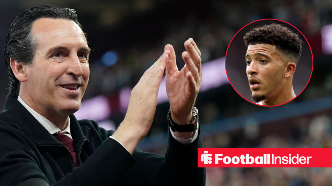 Aston Villa manager Unai Emery clapping supporters alongside a circular inset of Jadon Sancho.