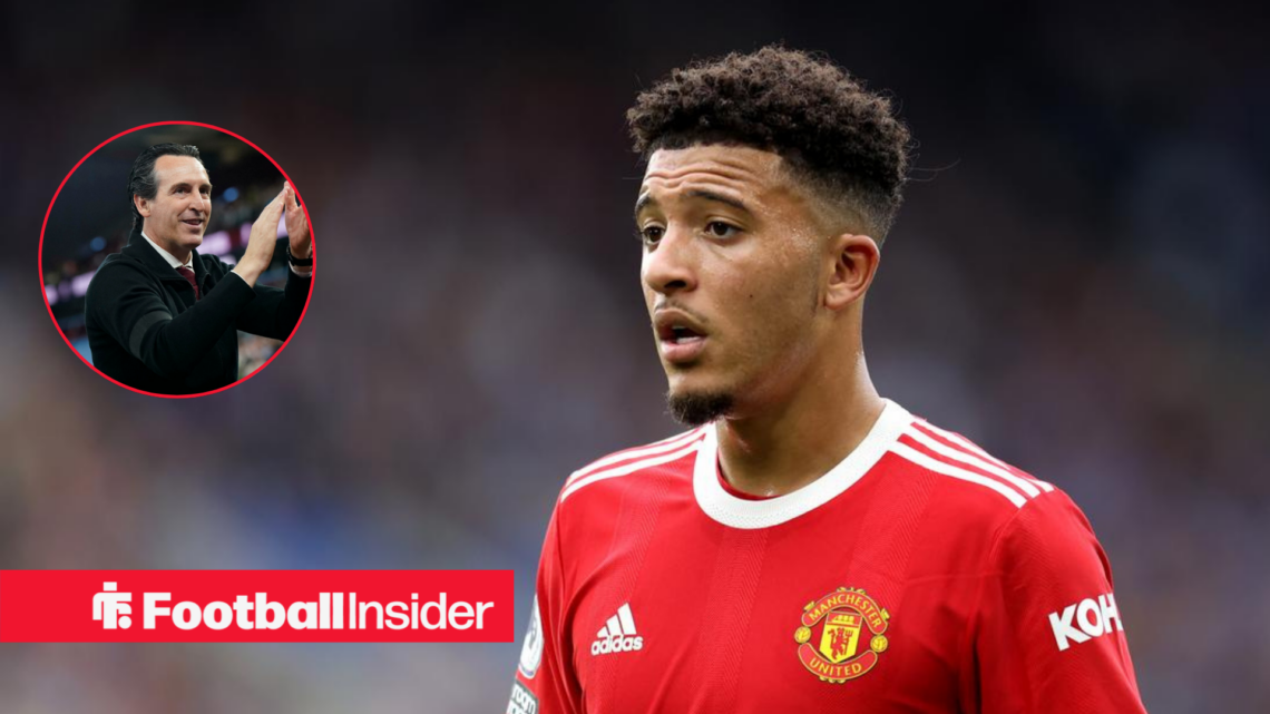 Aston Villa boss Unai Emery in a circular frame within an image of Jadon Sancho in a Man United shirt