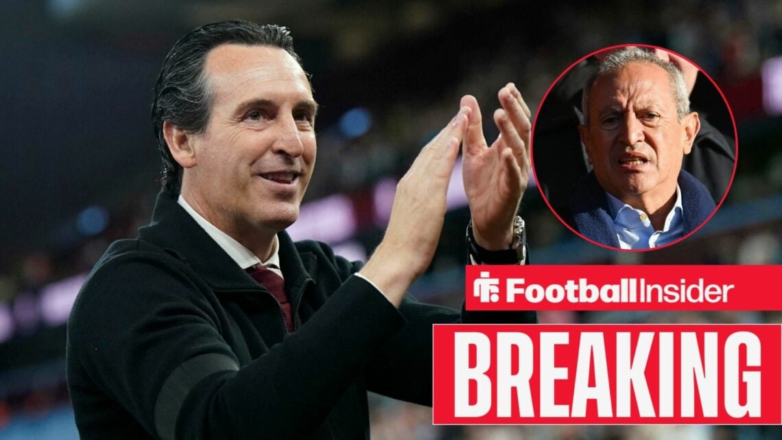Unai Emery applauding at Villa Park, with Nassef Sawiris in a circular inset