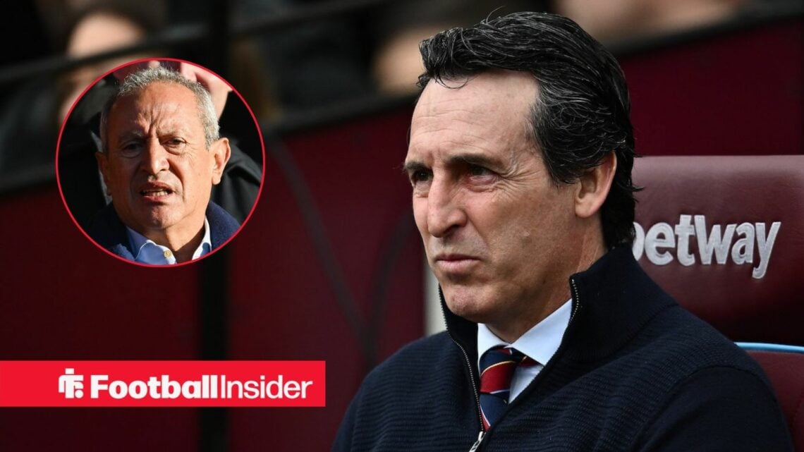 Aston Villa manager Unai Emery sitting on the bench looking at co-owner Nassef Sawiris