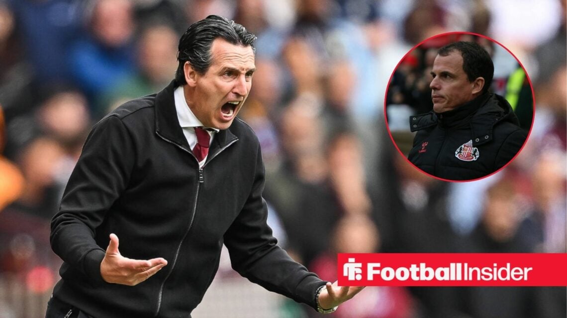 Unai Emery looking angry alongside an image of Regis Le Bris in a circular frame