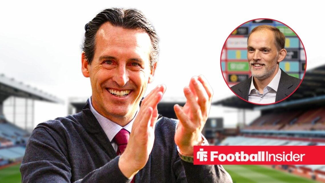 Unai Emery clapping his hands at Villa Park, with Thomas Tuchel in a circular inset