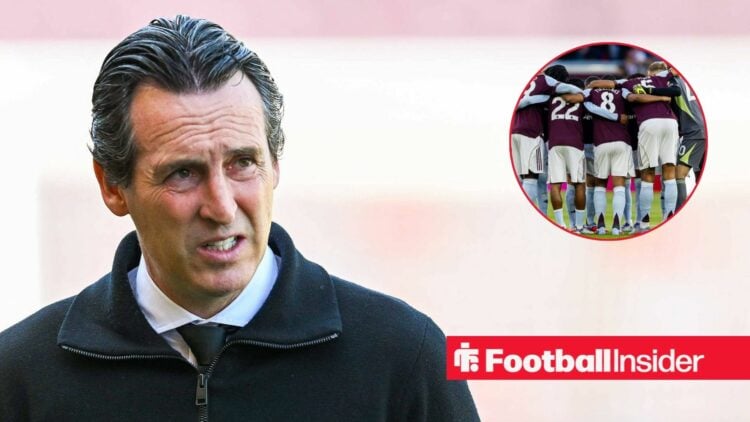 Unai Emery looking concerned in a black jumper and Aston Villa squad in inset