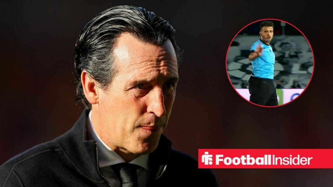 Aston Villa boss Unai Emery looking at referee Jesus Gil Manzano in action right inset
