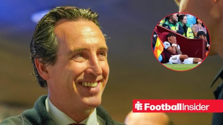 Unai Emery smiling and Tyrone Mings in inset