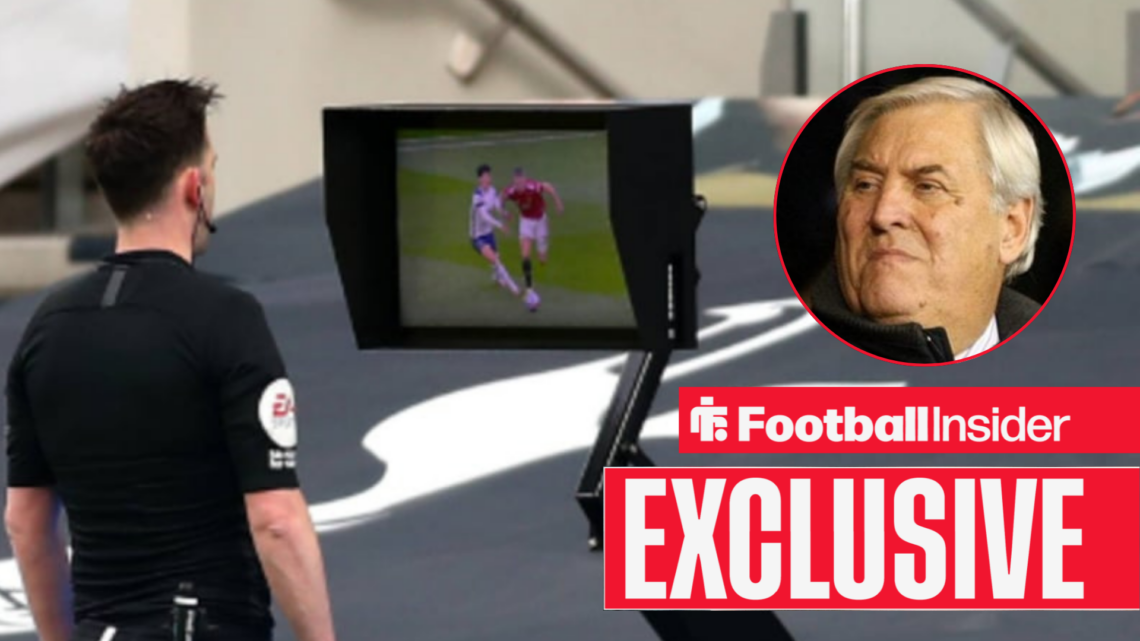 Referee looking at the VAR monitor, alongside a circular inset of Keith Hackett.