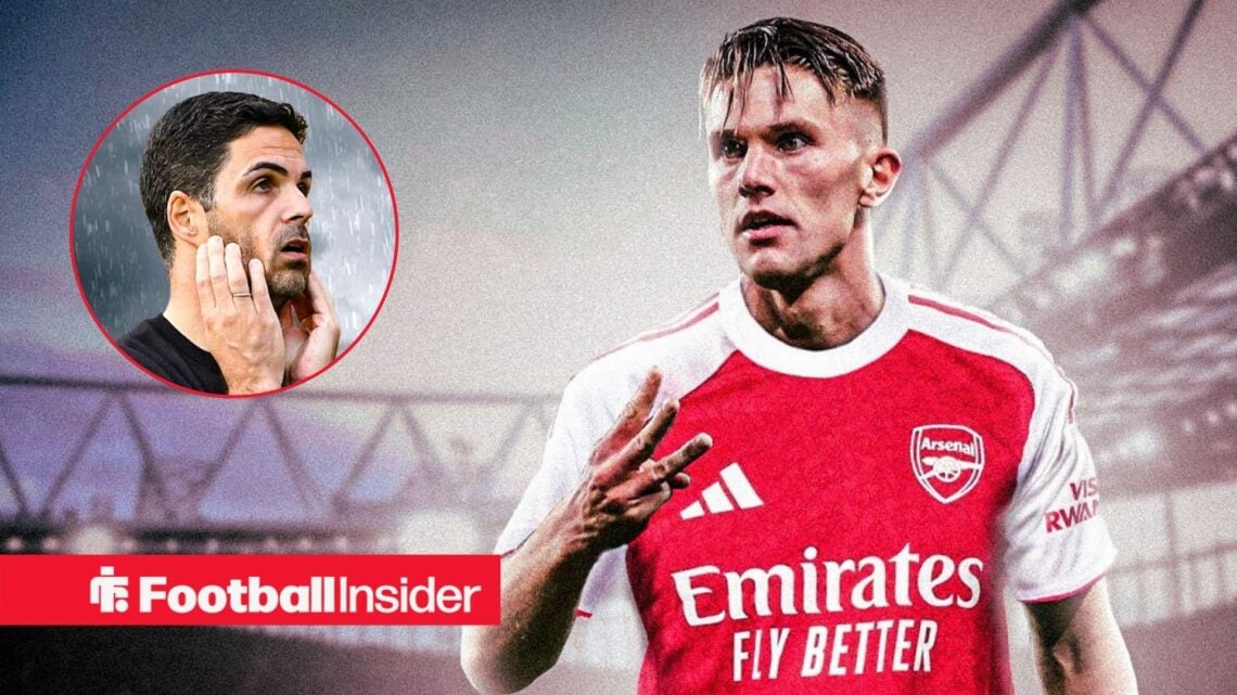 Mikel Arteta in the rain, Viktor Gyokeres in a circular inset