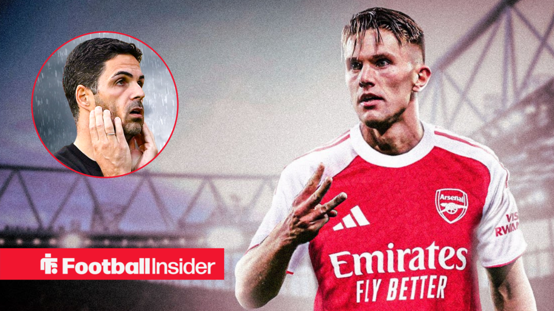 Arsenal striker Viktor Gyokeres against a backdrop of Emirates Stadium alongside a circular inset of a concerned Mikel Arteta