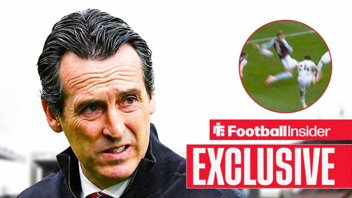 Unai Emery looks at a circular inset of the ball hitting Matty Cash's hand