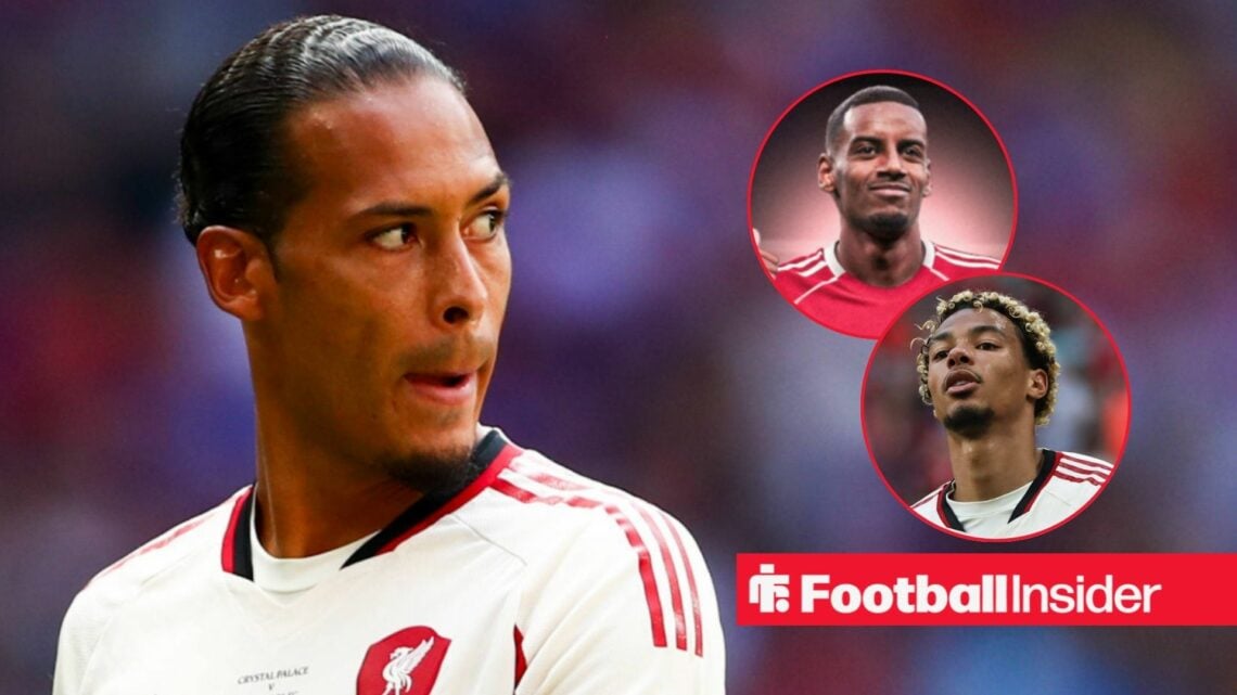 Virgil van Dijk in Liverpool away shirt with Alexander Isak and Hugo Ekitike isnets