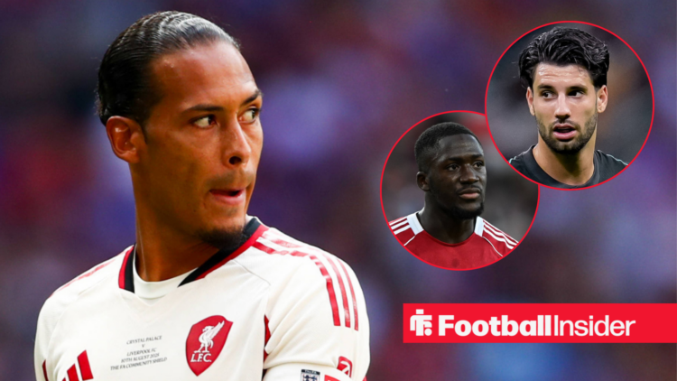 Virgil van Dijk in Liverpool white shirt with Ibrahima Konate Dominik Szoboszlai insets