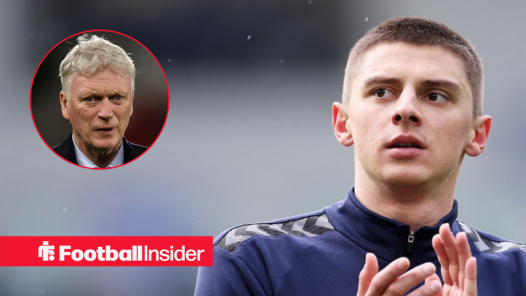 Everton defender Vitaliy Mykolenko, alongside a circular inset of manager David Moyes