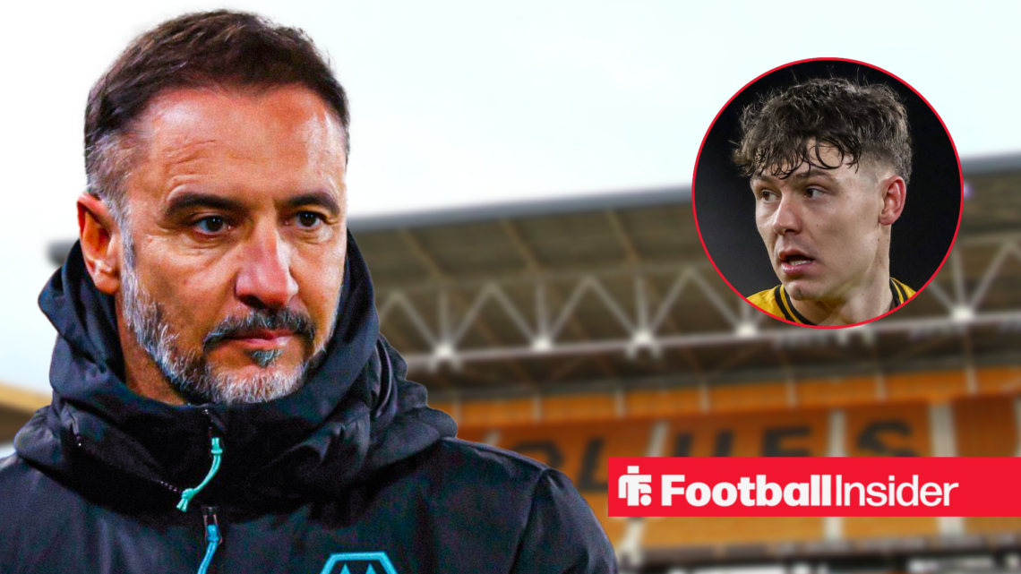 Wolves manager Vitor Pereira against a back drop of Molineux alongside a circular inset of Wolves striker Jorgen Strand Larsen