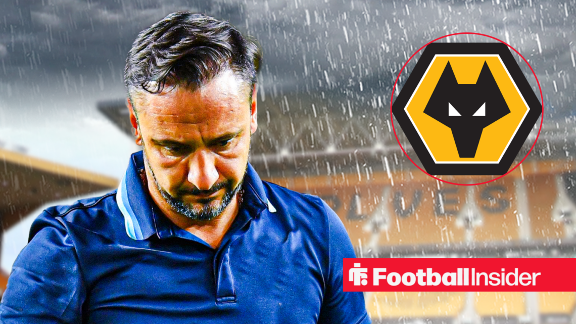 Wolves manager Vitor Pereira head down at a rainy Molineux Stadium alongside a circular inset of the Wolves club badge
