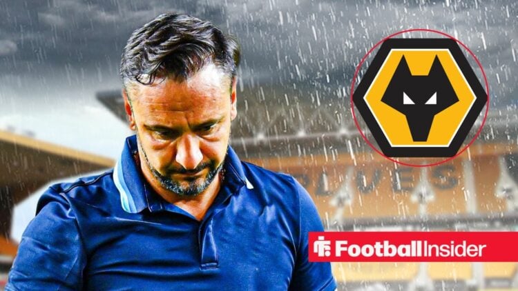 Wolves manager Vitor Pereira alongside a circular inset of the Wolves badge.