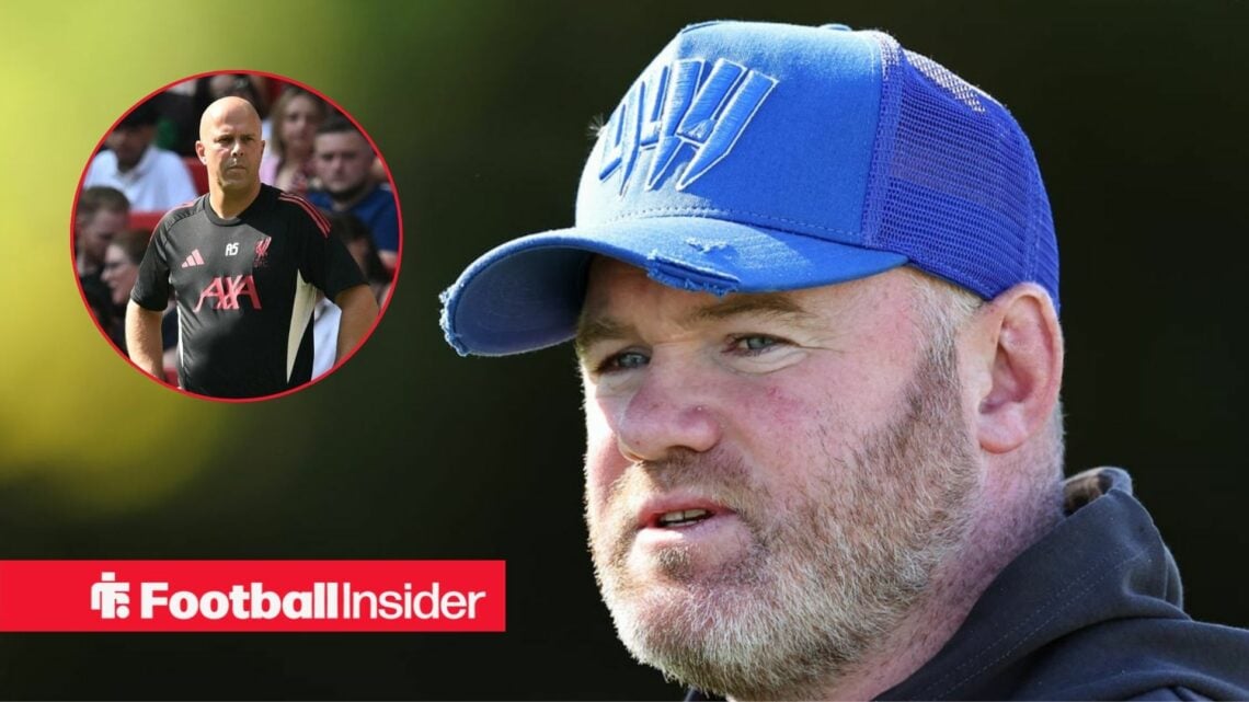 Liverpool boss Arne Slot in a circular frame alongside an image of Wayne Rooney wearing a blue cap