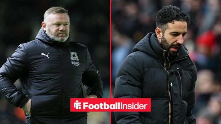 Wayne Rooney in a black jacket with his hands in his pockets next to Ruben Amorim frowning in a black jacket