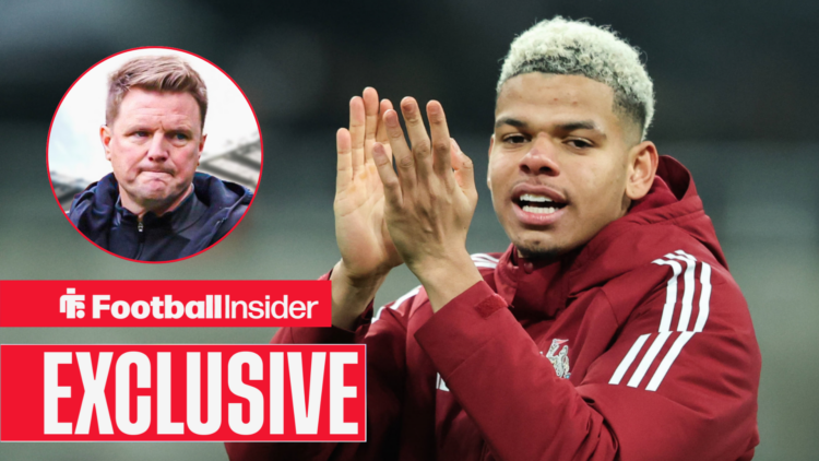 Will Osula applauds Newcastle fans with Eddie Howe in a circular inset