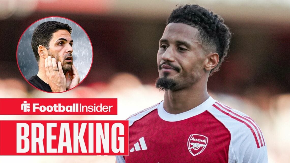 William Saliba in action for Arsenal, with Mikel Arteta in a circular inset