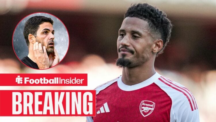 William Saliba in action for Arsenal, with Mikel Arteta in a circular inset