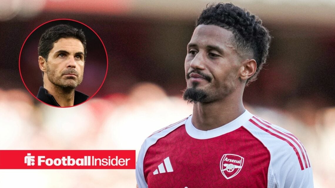 William Saliba alongside a circular inset of Arsenal manager Mikel Arteta